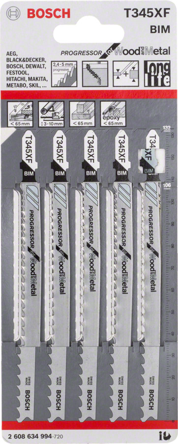 5 figūrzāģa asmeņi T 345 XF (Progressor), Figūrzāģiem PRO MULTI MATERIAL THICK AND THIN T345XF FIGŪRZĀĢA ASMENS, 2608634994, BOSCH