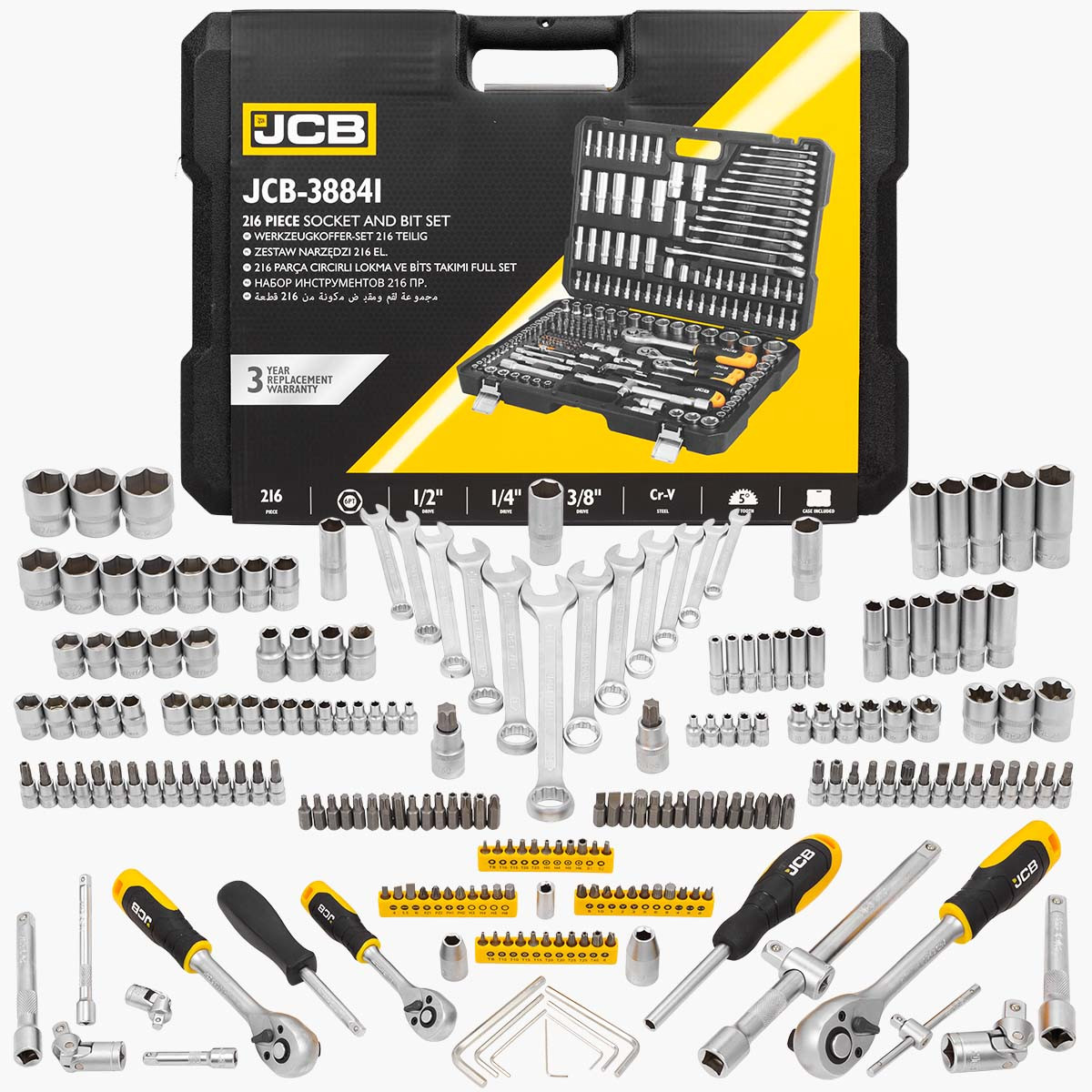 Instrumentu komplekts 216gab., 1/2", 3/8", 1/4", JCB-38841 JCB