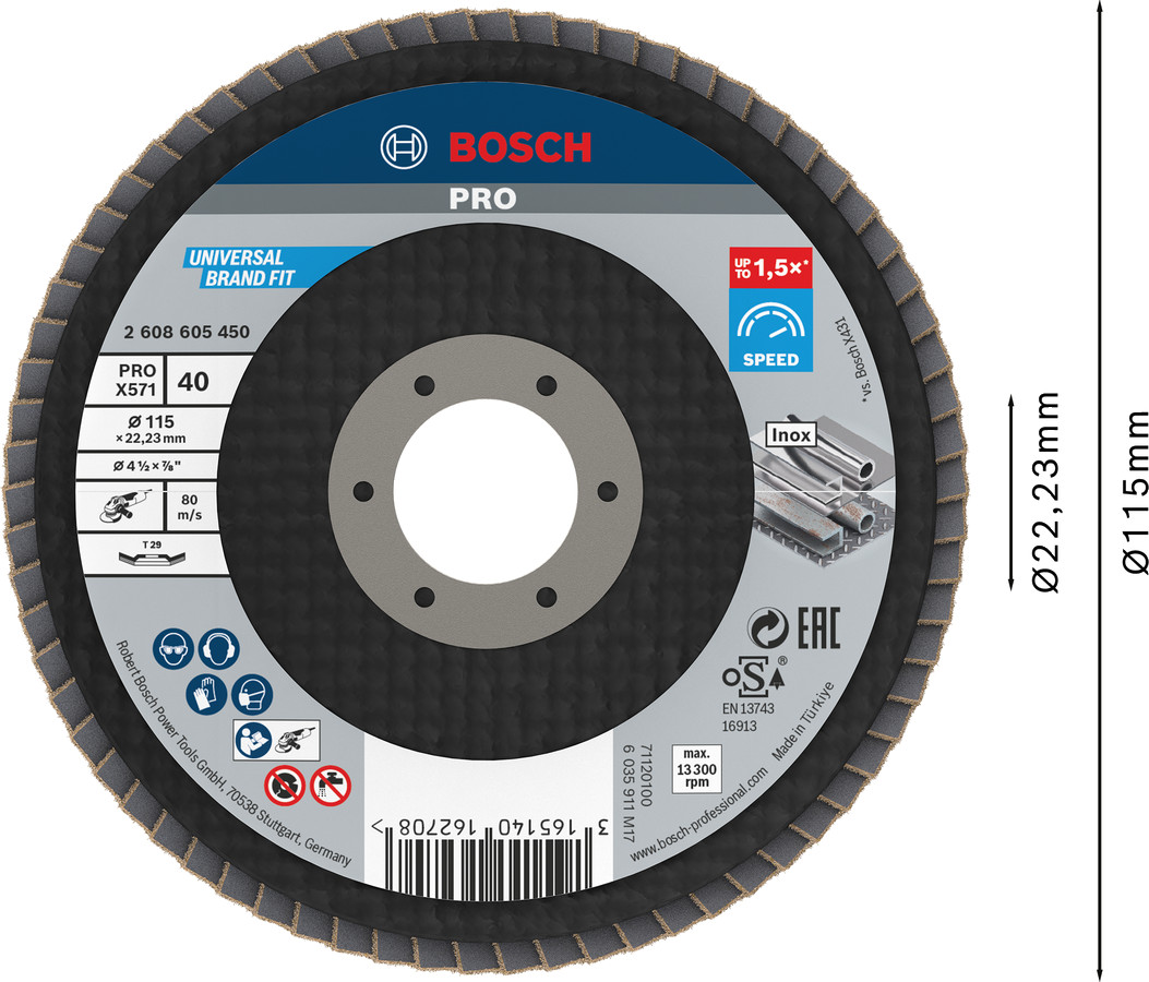 Slīppap.slīpšķ.metal top D 115 mm, K 40, 1 gab., Mazām leņķa slīpmašīnām PRO X571 VĒDEKĻVEIDA DISKS, 2608605450, BOSCH