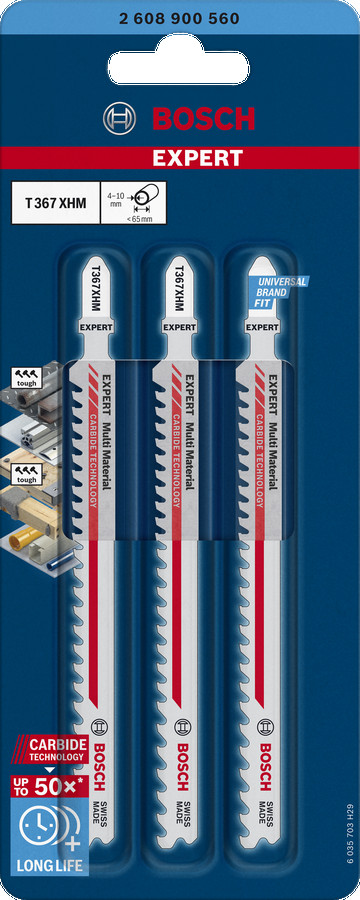 3  figūrzāģa asmeņi T367XHM Multimaterial, Figūrzāģiem EXPERT MULTI MATERIAL THICK AND THIN T367XHM FIGŪRZĀĢA ASMENS, 2608900560, BOSCH