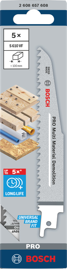 5 zobenzāģa asmeņi S610 VF, Zobenzāģiem PRO MULTI MATERIAL DEMOLITION S610VF ASMENS, 2608657608, BOSCH