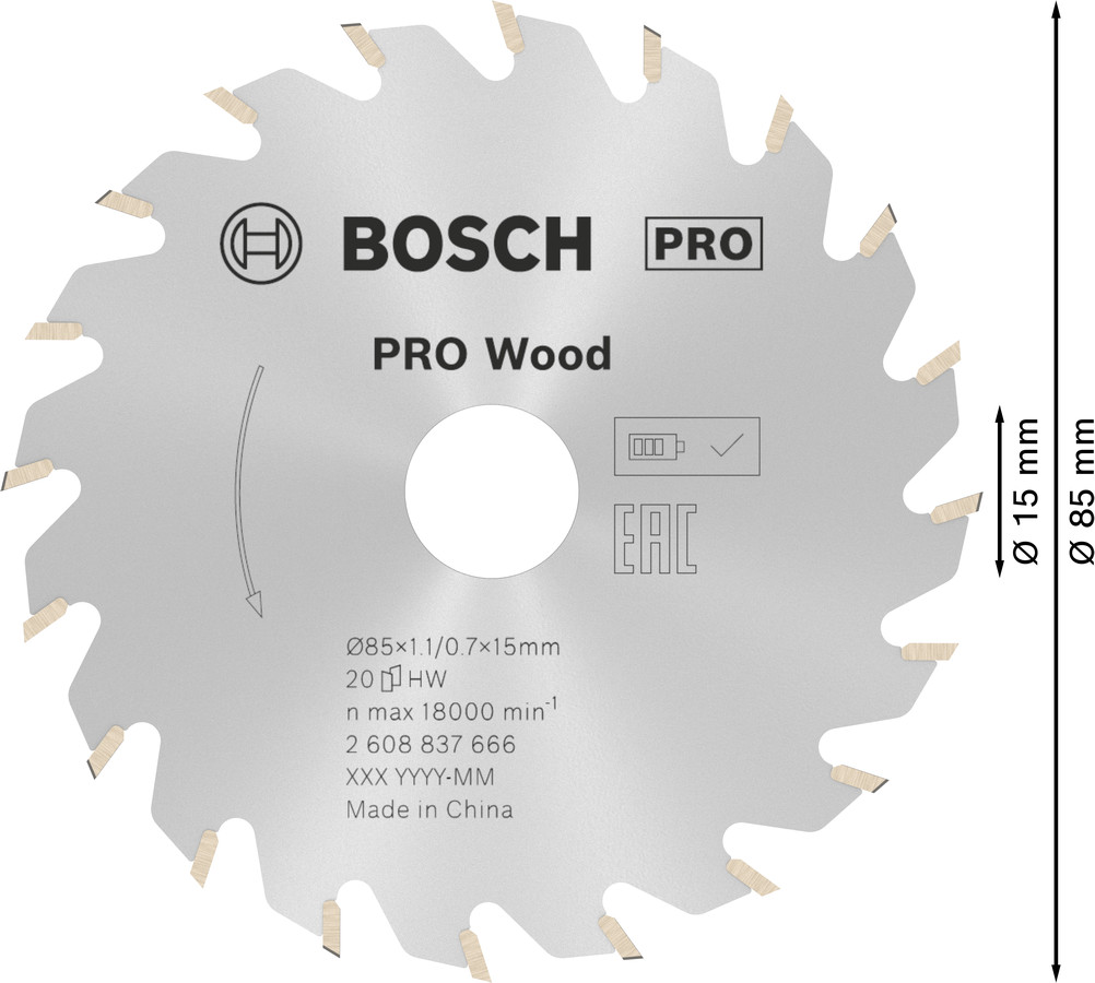 Standard for Wood 85x15x1.1/0.7x20T, Rokas ripzāģiem PRO WOOD CORDLESS RIPZĀĢA ASMENS, 2608837666, BOSCH