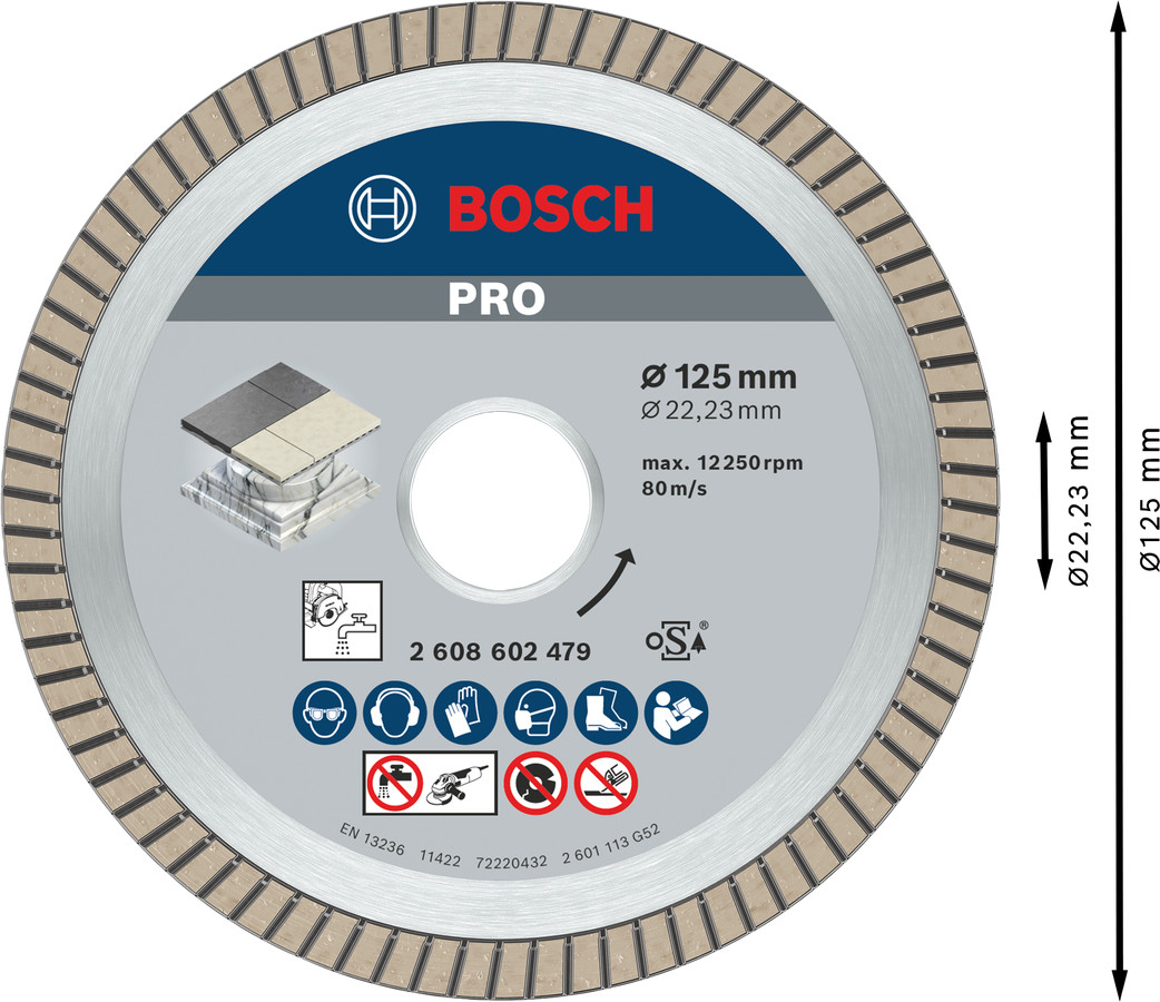 Dimanta grieš. disks *** Flīzēm 125mm;22,23mm, Mazām leņķa slīpmašīnām, marmora zāģiem PRO CERAMIC DIMANTA GRIEZĒJDISKS, 2608602479, BOSCH