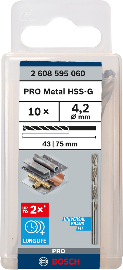 HSS-G urbji metālam 4,2mm, 10gab., Urbjmašīnām/skrūvgriežiem PRO METAL HSS-G STANDARTA SPIRĀLVEIDA URBJA GARUMS, 2608595060, BOSCH