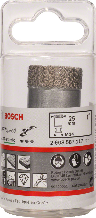 Dimanta caurumzāģis 25 mm DrySpeed Best for Ceramic, Mazām leņķa slīpmašīnām PRO CERAMIC DRY KROŅURBIS, 2608587117, BOSCH