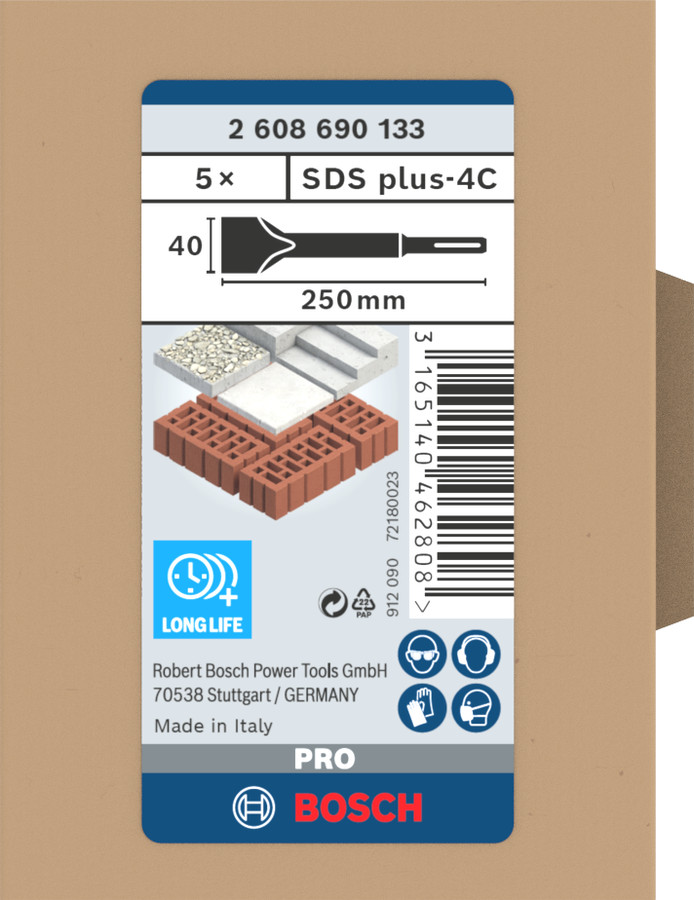 SDS Plus plakanais kalts 40x250mm, Eco, 5 gab., Perforatora urbjiem, smalcinātājiem PRO SDS PLUS-4C LĀPSTVEIDA KALTU KOMPLEKTS, 2608690133, BOSCH