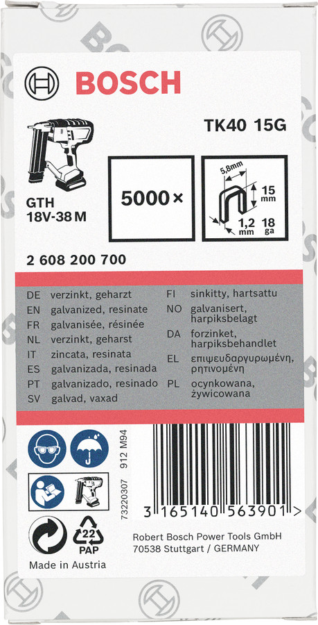 Naglas TK40 15G 15mm , 5000 gab., Bezvadu/pneimatiskajiem skavotājiem, rokas skavotājiem ŠAURKROŅA SKAVA, 1,2/18 G, 2608200700, BOSCH