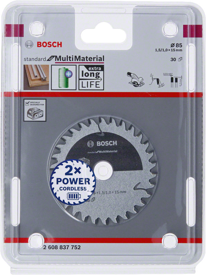 Standard MultiMaterial 85x15x1.5/1.0x30T, Rokas ripzāģiem PRO MULTI MATERIAL CORDLESS RIPZĀĢA ASMENS, 2608837752, BOSCH