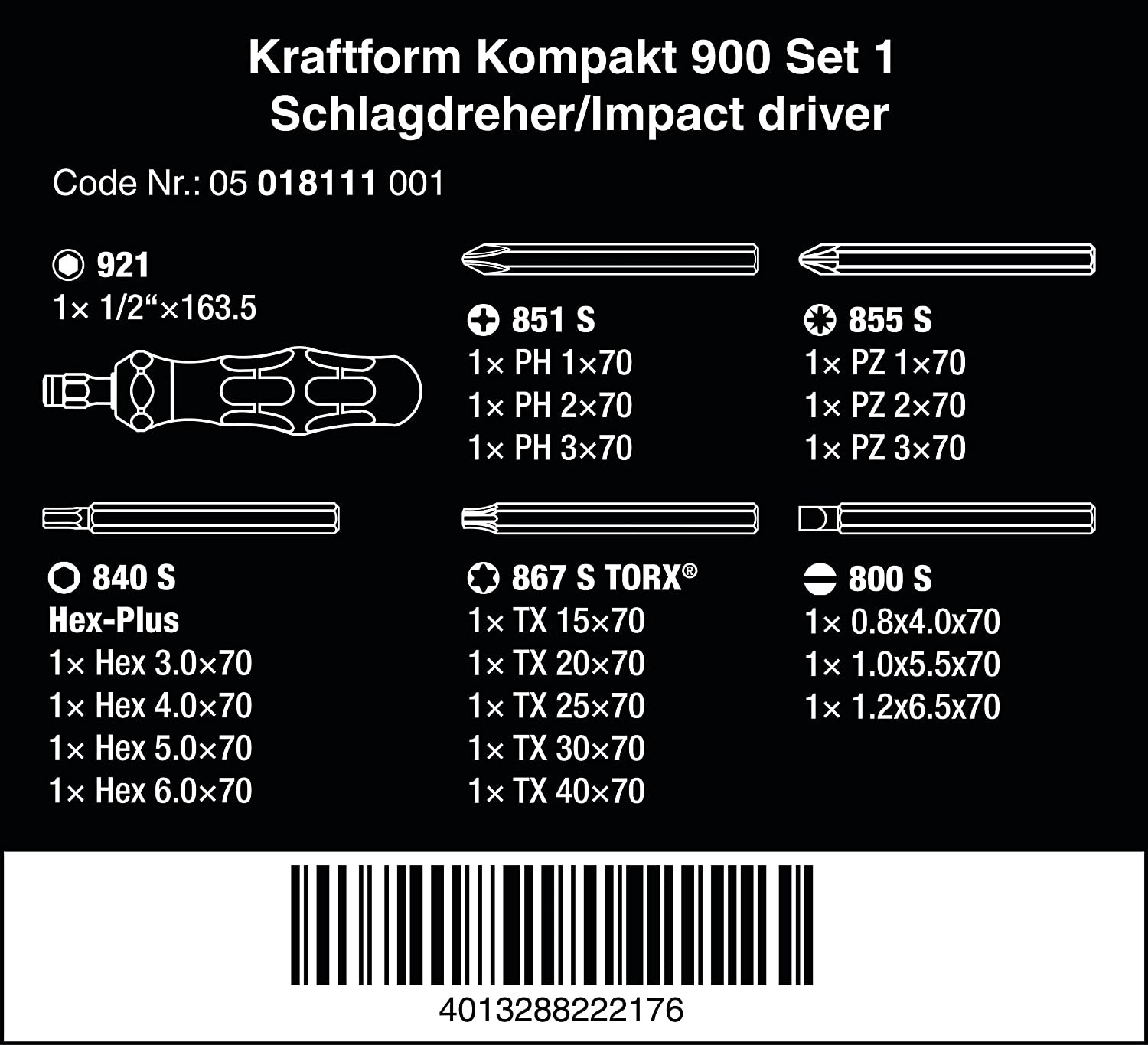 Triecienskrūvgrieža komplekts Kompakt 900 Set 1 (19gab.) 05018110001 WERA