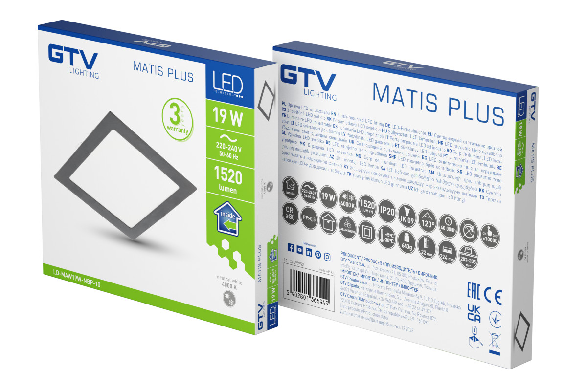 Iebūvējams LED Griestu Panelis MATIS PLUS, melns, 19W, 1520lm, 4000K, 120°, IP20 LD-MAW19W-NBP-10 GTV