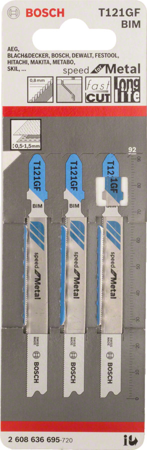 3 figūrzāģa asmeņi T121GF 'speed for Metal', Figūrzāģiem FIGŪRZĀĢA ASMENS T 121 GF SPEED FOR METAL, 2608636695, BOSCH