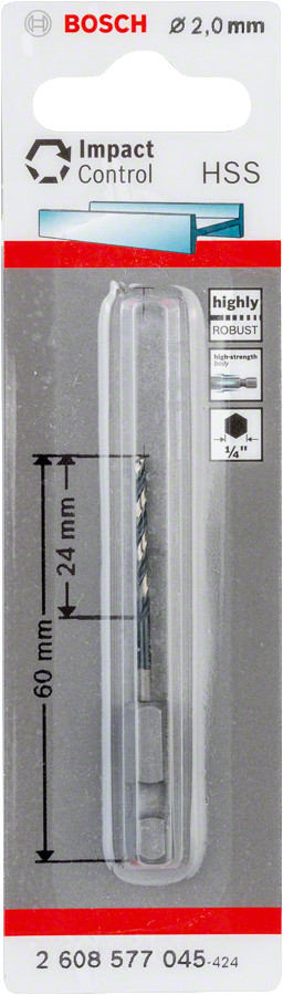 Urbis met., Ø 2mm, 60mm 1/4" 6-kanta kāts, 1gab., Urbjmašīnām/skrūvgriežiem, triecienurbjmašīnām/triecienskrūvgriežiem HSS SPIRĀLVEIDA URBIS IMPACT CONTROL, 2608577045 BOSCH