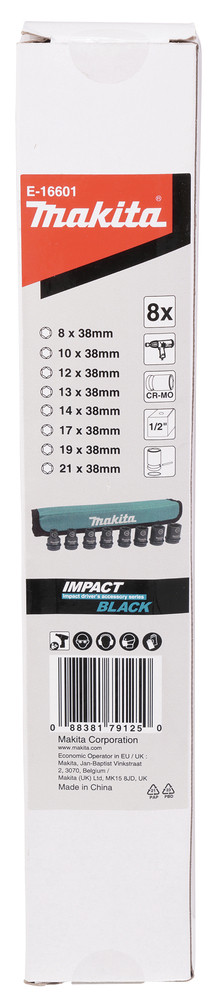 Spēka patrona komplekts 8 izmēru 1/2''x 38mm (8,10, 12, 13, 14, 17, 19, 21, ), E-16601 MAKITA