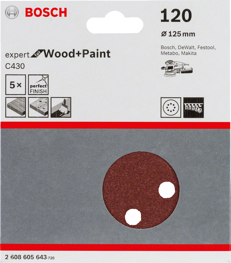 Slīppapīrs,kokam,PEX D=125mm,K120,5 gab., Ekscentra slīpmašīnām, ekscentra slīpmašīnām ar putekļu maisu C430 EXPERT FOR WOOD AND PAINT, 2608605643 BOSCH