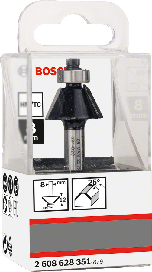 Nošķelšanas frēze HM 25o, l=12 mm,kāts 8mm, Rokas frēzēm, malu frēzēm STANDARD FOR WOOD 25 GRĀDU GROPJU FRĒZE, 2608628351 BOSCH