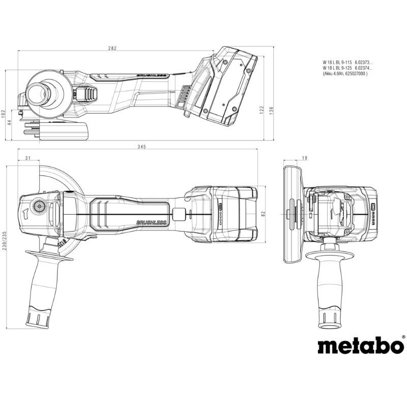 Akumulatora leņķa slīpmašīna W 18 L BL 9-125, 2x4Ah, METABOX; 602374510 METABO