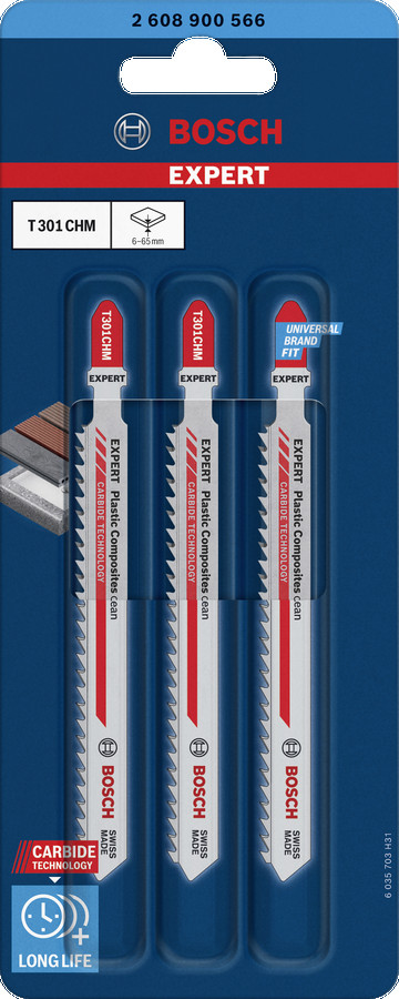 3  figūrzāģa asmeņi T301CHM PlasticComposites, Figūrzāģiem EXPERT PLASTIC COMPOSITES CLEAN T301CHM FIGŪRZĀĢA ASMENS, 2608900566, BOSCH