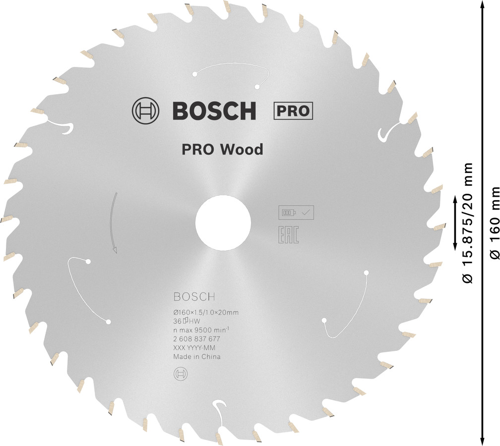 Standard for Wood 160x20/15.875x1.5/1.0x36T, Rokas ripzāģiem PRO WOOD CORDLESS RIPZĀĢA ASMENS, 2608837677, BOSCH