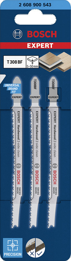 3  figūrzāģa asmeņi T308BF Hardwood clean, Figūrzāģiem EXPERT HARDWOOD 2-SIDE CLEAN T308BF FIGŪRZĀĢA ASMENS, 2608900543, BOSCH