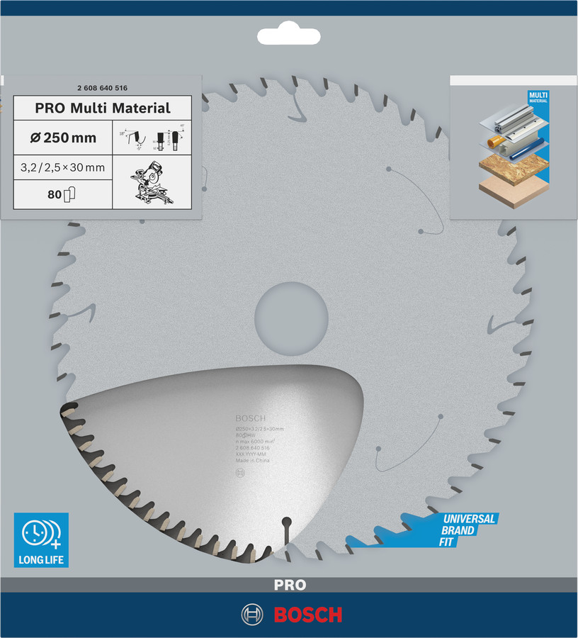 Ripzāģa disks 250x30 mm Multi material, Paneļzāģiem PRO MULTI MATERIAL RIPZĀĢA ASMENS, 2608640516, BOSCH