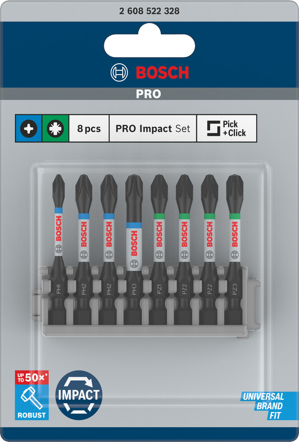 8 daļīgs uzgaļu komplekts L=50mm, Impact Control, Tiecienskrūvgriežiem, akumulatoru skrūvgriežiem PRO IMPACT SKRŪVGRIEŽA UZGAĻU KOMPLEKTS, 2608522328, BOSCH