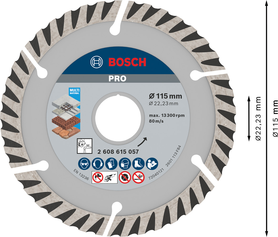 Dimanta grieš. disks * Universal 115x22.23 mm, Mazām leņķa slīpmašīnām PRO MULTI MATERIAL DIMANTA GRIEZĒJDISKS, 2608615057, BOSCH