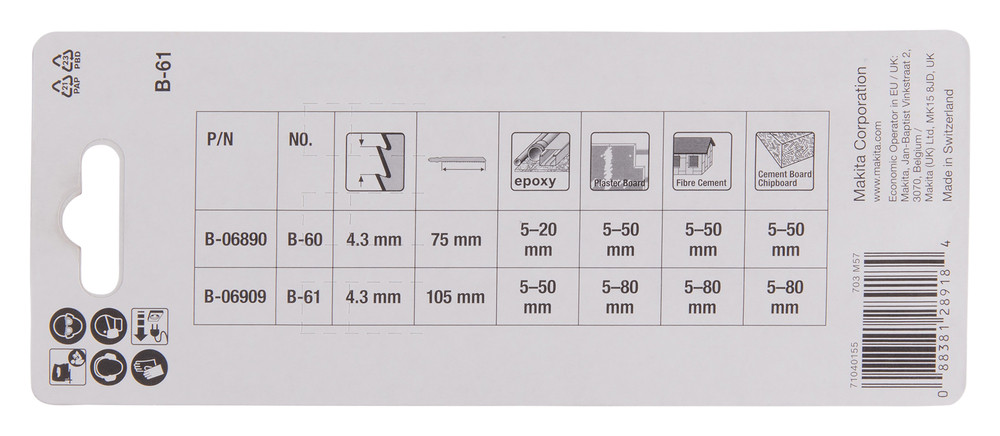 Figūrzāģa asmeņi B-61 105mm, HM, 5-50mm, Stikla šķiedrai (3gab), B-06909 MAKITA