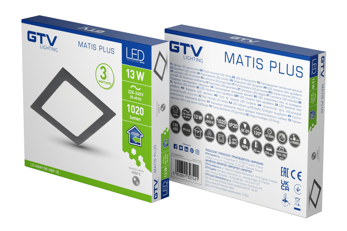 Įleidžiamas LED lubų skydelis MATIS PLUS, juodas, 13W, 1020lm, 4000K, 120°, IP20 LD-MAW13W-NBP-10 GTV