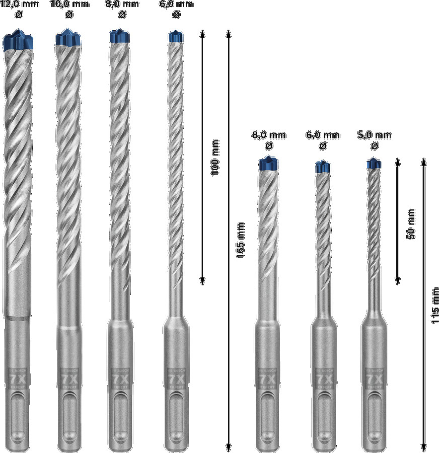 7 SDS plus-7X urbju kompl 5/6/6/8/8/10/12 mm, Perforatora urbjiem EXPERT SDS PLUS-7X TRIECIENURBJU PERFORATORIEM KOMPLEKTS, 2608900195, BOSCH