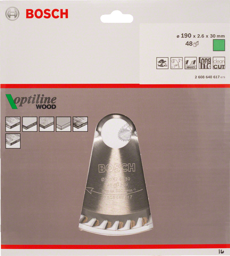 Ripzāģa disks 190x30mm Optiline Wood, Rokas ripzāģiem PRO WOOD RIPZĀĢA ASMENS, 2608640617, BOSCH