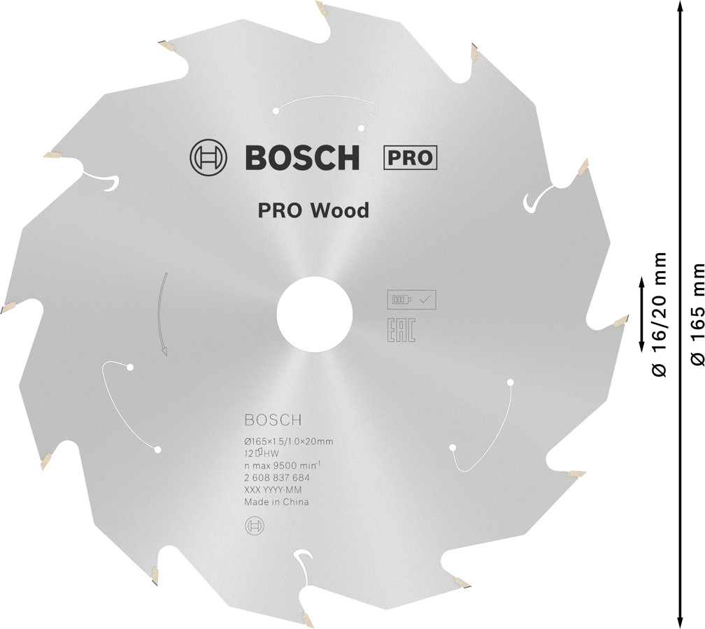 Standard for Wood 165x20/16x1.5/1.0x12T, Rokas ripzāģiem PRO WOOD CORDLESS RIPZĀĢA ASMENS, 2608837684, BOSCH