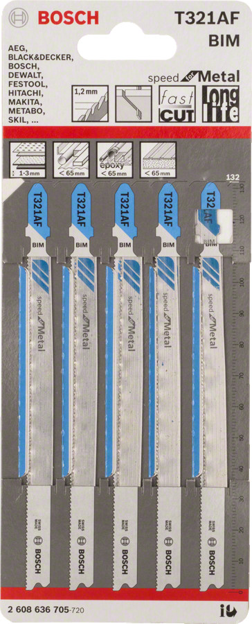 5 figūrzāģa asmeņi T 321 AF Speed for Metal, Figūrzāģiem PRO METAL PIPES AND PROFILES T321AF FIGŪRZĀĢA ASMENS, 2608636705, BOSCH