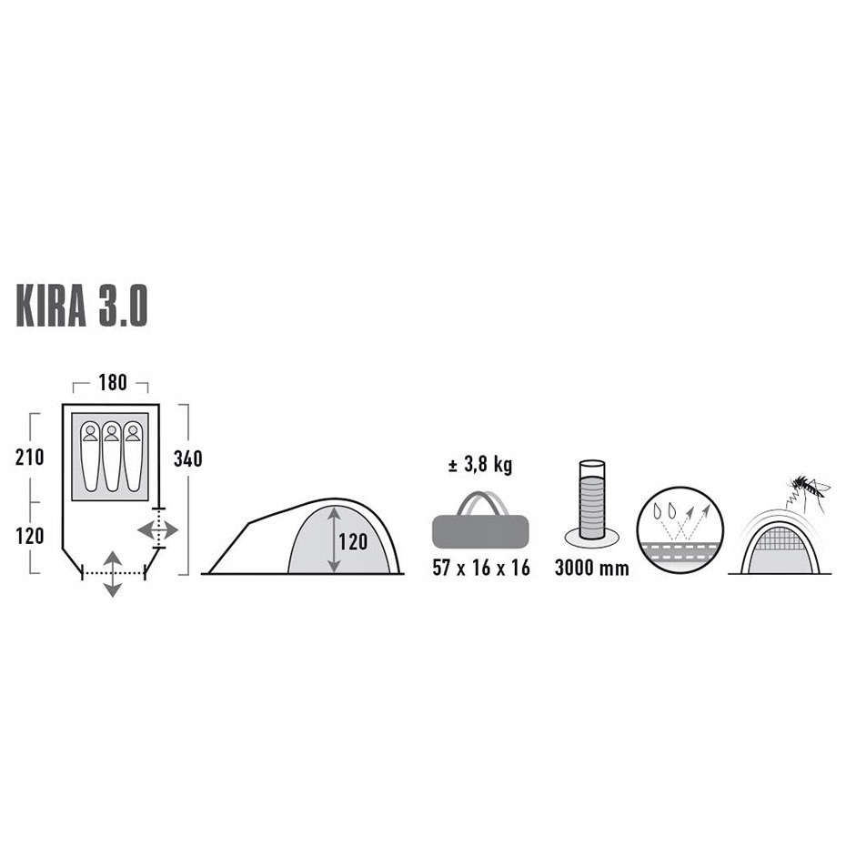 Kupolinė palapinė Kira 3.0 3 lovos 340x180x120cm pilka H-HP-10370 HIGH PEAK