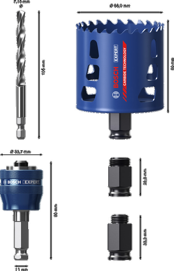 PC Plus adapteris HEX ar karbīda caurumzāģi, 68 mm, Triecienurbjmašīnām/triecienskrūvgriežiem, akumulatoru skrūvgriežiem EXPERT MULTI MATERIAL PC PLUS CAURUMZĀĢU SĀKUMA KOMPLEKTS, 2608900450, BOSCH