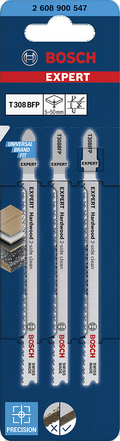 3  figūrzāģa asmeņi T308BFP HardwoodPrecision, Figūrzāģiem EXPERT HARDWOOD 2-SIDE CLEAN T308BFP FIGŪRZĀĢA ASMENS, 2608900547, BOSCH