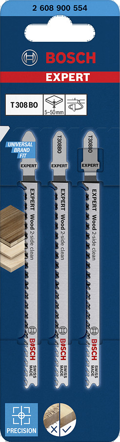 3  figūrzāģa asmeņi T308BO Wood 2-side clean, Figūrzāģiem EXPERT WOOD 2-SIDE CLEAN T308BO FIGŪRZĀĢA ASMENS, 2608900554, BOSCH