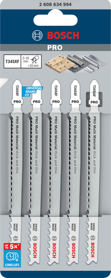 5 figūrzāģa asmeņi T 345 XF (Progressor), Figūrzāģiem PRO MULTI MATERIAL THICK AND THIN T345XF FIGŪRZĀĢA ASMENS, 2608634994, BOSCH