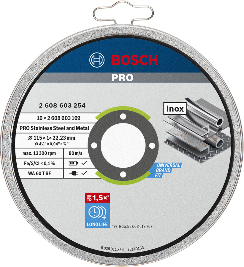 Griešanas disks Rapido 115x22x1mm,INOX 10gab., Mazām leņķa slīpmašīnām PRO STAINLESS STEEL AND METAL GRIEZĒJDISKS, 2608603254, BOSCH