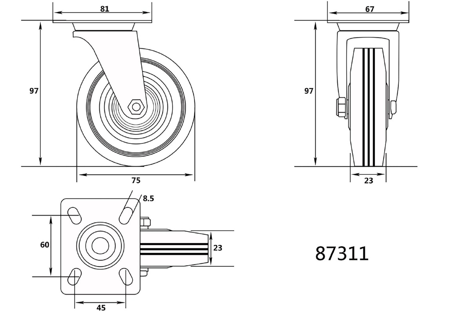 SWIVEL CASTER W. BLACK RUBBER 75MM 87311 VOREL