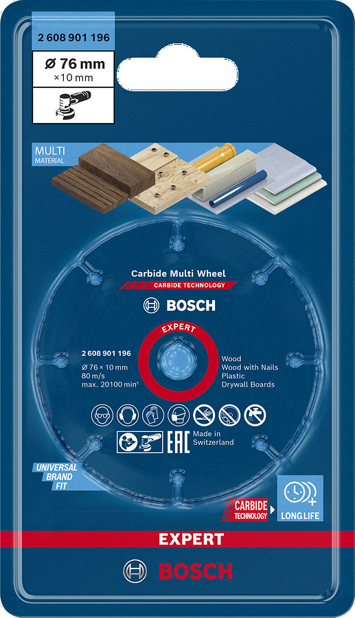 Cietmetāla disks GWS 12V-76, 76x10x1 mm, Mazām leņķa slīpmašīnām EXPERT CARBIDE MULTI WHEEL GRIEZĒJDISKS, 2608901196 BOSCH