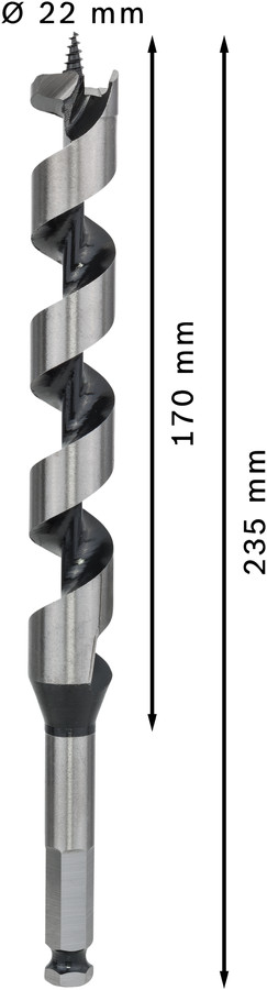 Spirālveida urbis kokam 22,0x235,0 mm,1 gab., Urbjmašīnām/skrūvgriežiem, triecienurbjmašīnām/triecienskrūvgriežiem PRO WOOD SPIRĀLURBIS, 2608597633, BOSCH