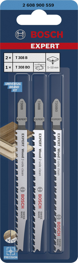 3  figūrzāģa asmeņi 2x T308B, 1x T308BO, Figūrzāģiem EXPERT WOOD 2-SIDE CLEAN FIGŪRZĀĢA ASMEŅU KOMPLEKTS, 2608900559, BOSCH