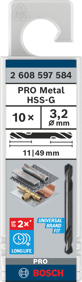 HSS-G urbis met. divp. 3,2x49,0 mm, 10 gab., Urbjmašīnām/skrūvgriežiem PRO METAL HSS-G DIVPUSĒJI SPIRĀLVEIDA URBIS, 2608597584, BOSCH