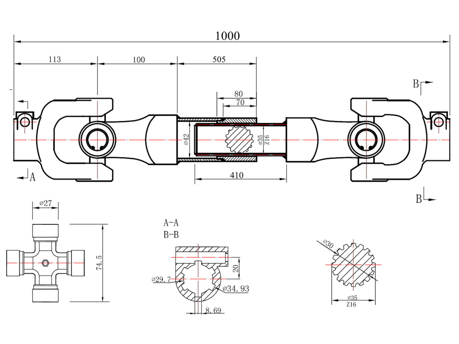 PTO vārpsta, 3-lemon tube invollute tipa, 1000mm, ātra montāža, G72311, GEKO