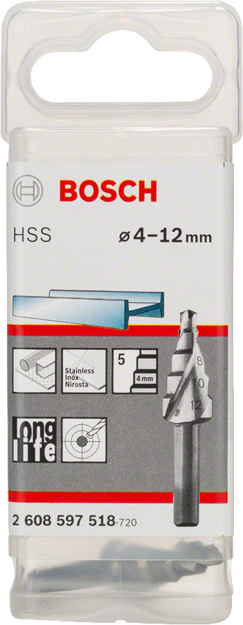 Pakāpjveida urbis met. 4-12x65.0mm 1gab., Urbjmašīnām/skrūvgriežiem HSS PAKĀPJVEIDA URBIS AR 3 PLAKŅU KĀTU, 2608597518, BOSCH