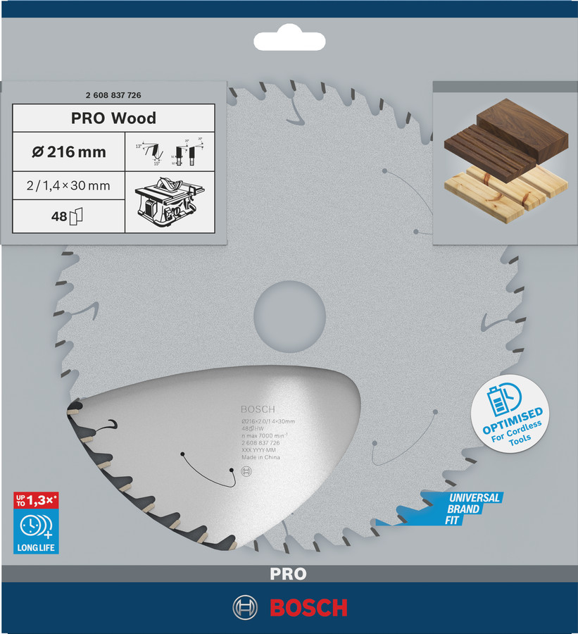 Standard for Wood 216x30x1.7/1.2x48T, Galda zāģiem PRO WOOD CORDLESS RIPZĀĢA ASMENS, 2608837726, BOSCH