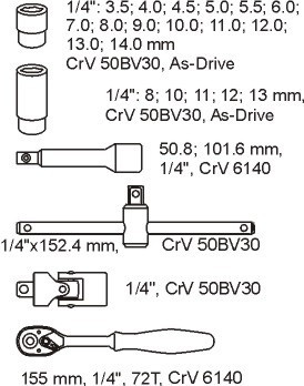 Įrankių komplektas 1/4" (25 vnt.) Įrankių spintelei YT-5541 YATO