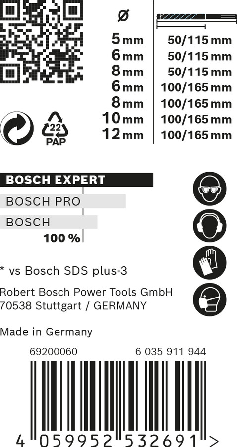 7 SDS plus-7X urbju kompl 5/6/6/8/8/10/12 mm, Perforatora urbjiem EXPERT SDS PLUS-7X TRIECIENURBJU PERFORATORIEM KOMPLEKTS, 2608900195, BOSCH