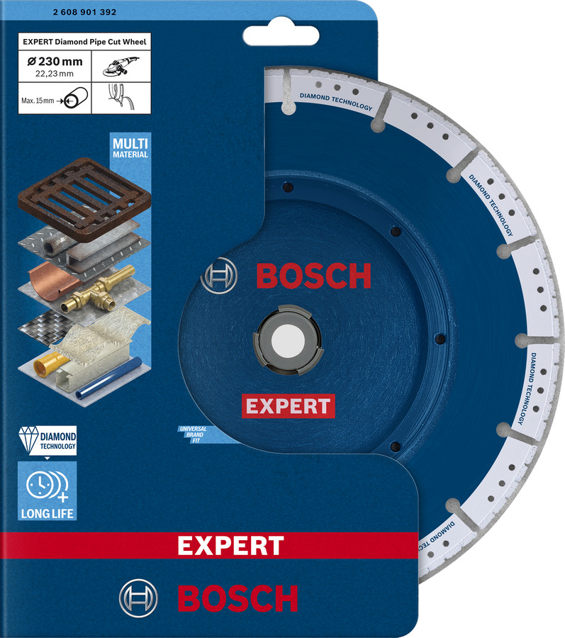 Dimanta cauruļu griešanas disks lieliem leņķa slīpmašīnām, ilgmūžīgs, 230 mm, 22.23 mm urbums, 2608901392, BOSCH