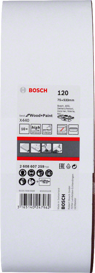 Slīplente kokam 75x533, 120, 10gab., Lentes slīpmašīnām PRO X440 SLĪPLENTA, 2608607259, BOSCH